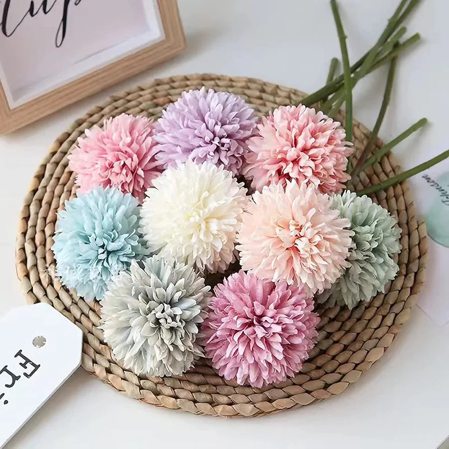 SATYAM KRAFT 5 Pcs Artificial Chrysanthemum Ball Flowers Fabric Small Flower Sticks Bouquet for Home Decor, Office, Living Room, Bedroom, Table, Wedding Decoration Item 