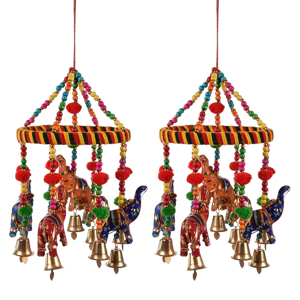 Kuber Industries Rajasthani Traditional Windchimes|Hanging Ring Elephant with Bells|Polyester Handcrafted Latkan|Decorative Door Hanging Latkan|Pack of 2 