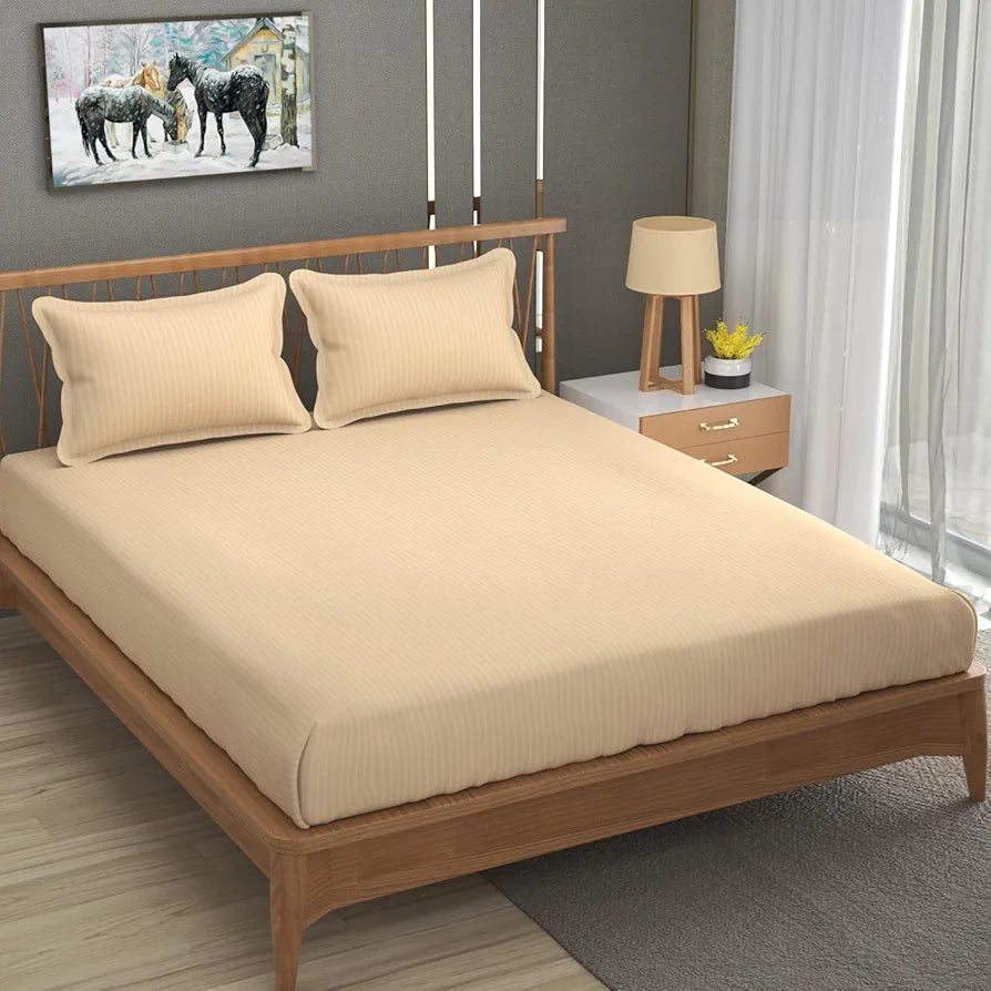 Homefab India 160 TC Stripe Cotton Feel Glace Cotton Elastic Fitted King Size Double Bed Bedsheet with 2 Pillow Covers Fits Upto 6 inches Mattress, Size-72X78 inches, Peach