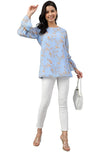 Janasya Women's Sky Blue Dobby Georgette Digital Print A-Line Top