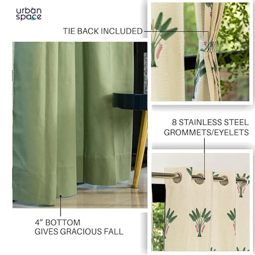 Urban Space 100% Cotton Curtains for Door, Combo Set of 3 Curtains 7 feet Long, 60-65% Room Darkening Curtain, Tieback & Eyelets Included with Curtains for Home Decor 