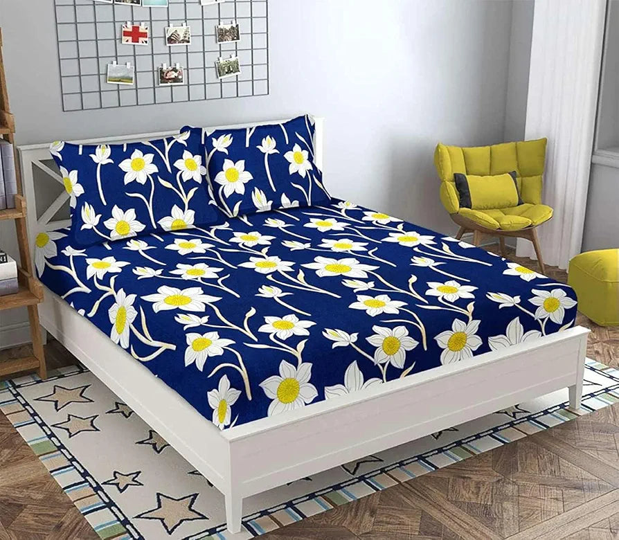 Polycotton 220 TC Floral Printed King Size Double Bedsheet with 2 Pillow Covers, (90 x 90 Inches, Yellow Blue
