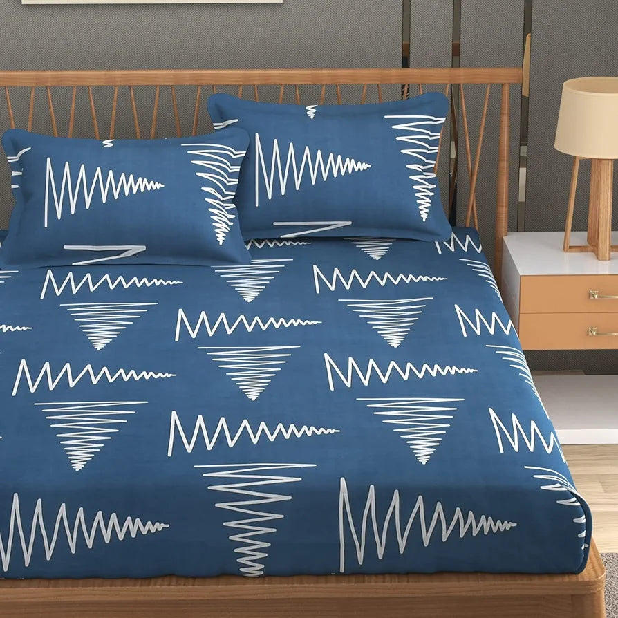 THE HOME STYLE 400 TC Cotton Elastic Fitted All Around Printed King Size Double Bed Bedsheet wih 2 Pillow Cover 