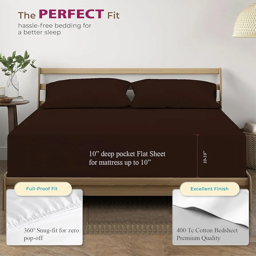 Trance Home Linen 100% Cotton 78x72 inch King Elastic Fitted Bedsheet | 400 Thread Count Premium Hotel Quality Fitted Plain Elastic Bedsheet with 2 Pillow Covers 