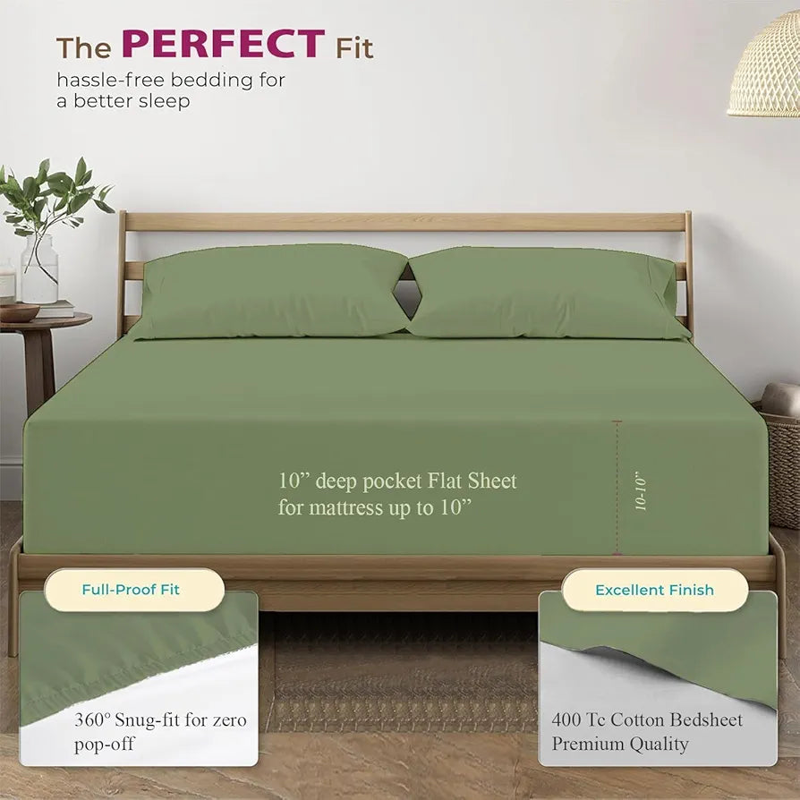 Trance Home Linen 100% Cotton 78x60 inch Queen Elastic Fitted Bedsheet | 400TC Premium Queen Double Bed Size Plain Fitted Elastic Bed Sheet with 2 Pillow Covers 