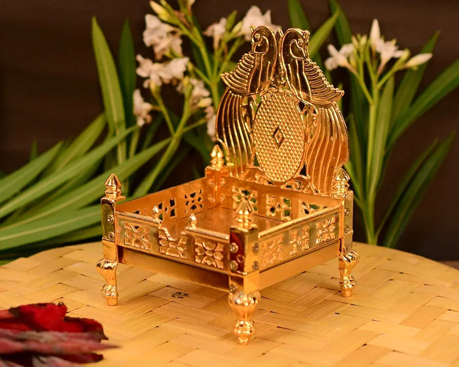 Collectible India Metal Gold Plated ladoo Gopal Singhasan Pooja Chowki mandir for God Thakur Puja Idol Peacock Design Decoration Items 