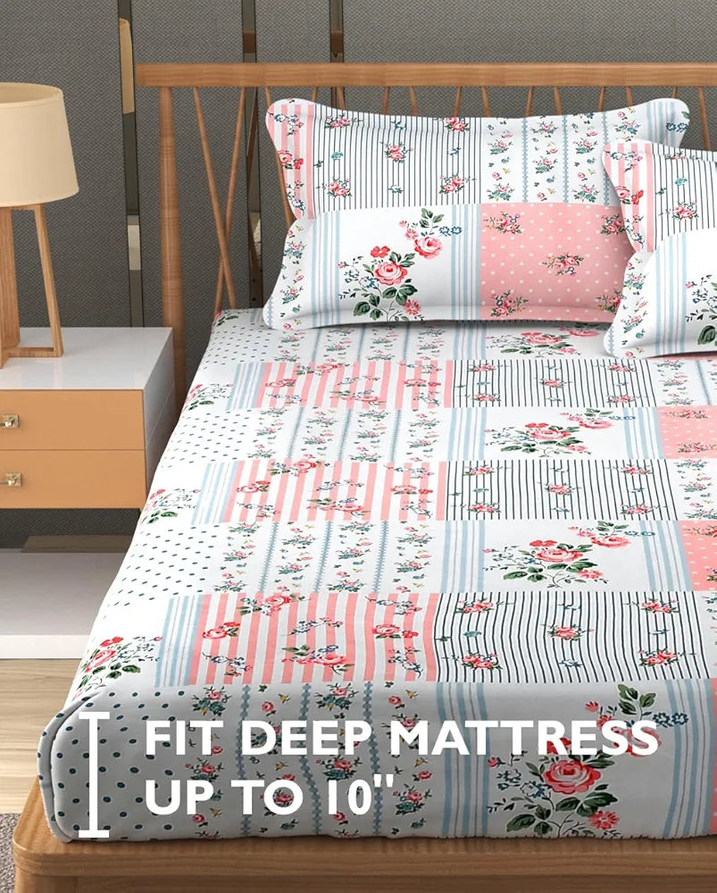 FRESH FROM LOOM Floral Print King Size Fitted Bedsheet Set - Microfiber, 240 TC, Hypoallergenic, 2 Pillow Covers Included  | Pink-White)