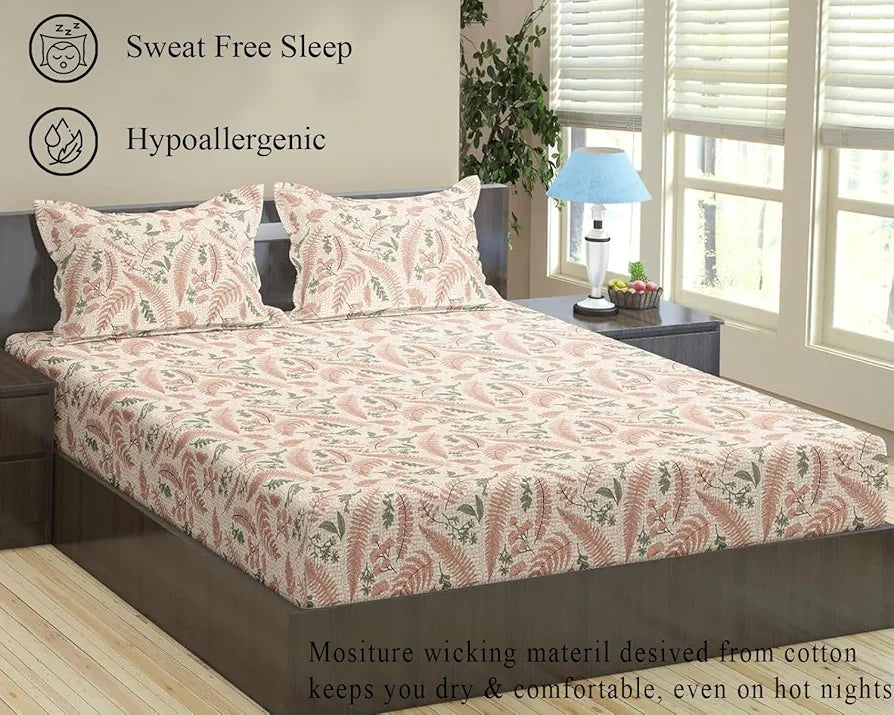 Trance Home Linen 100% Cotton 144Tc Elastic Fitted Bedsheet | Printed King Bed Size Elasticated Fitted Bedspread with 2 Pillow Covers 