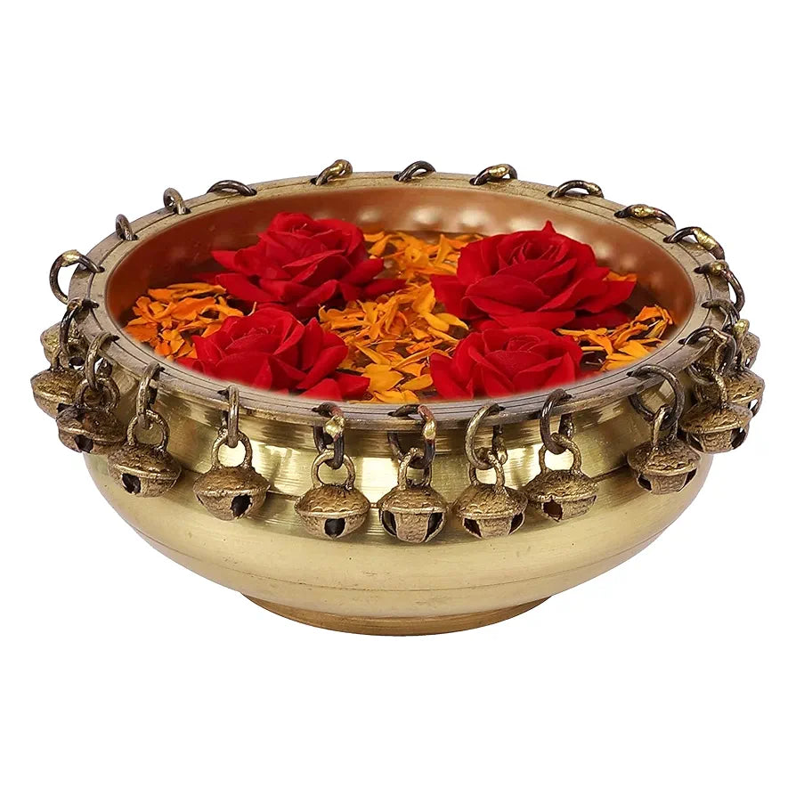 Two Moustaches Ethnic Traditional 6 Inches Brass Urli Bowl with Bells Showpiece, Brass Urli for Decor, Housewarming Gifts, Standard, Pack of 1