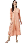 Janasya Women's Peach Crepe Foil Print Frontslit Kurta