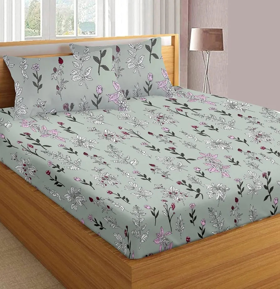 Trance Home Linen 180 TC Cotton Standard Queen Size Elastic Fitted Bedsheet|Printed Queen Bed Size Fitted Bedspread with 2 Pillow Covers 