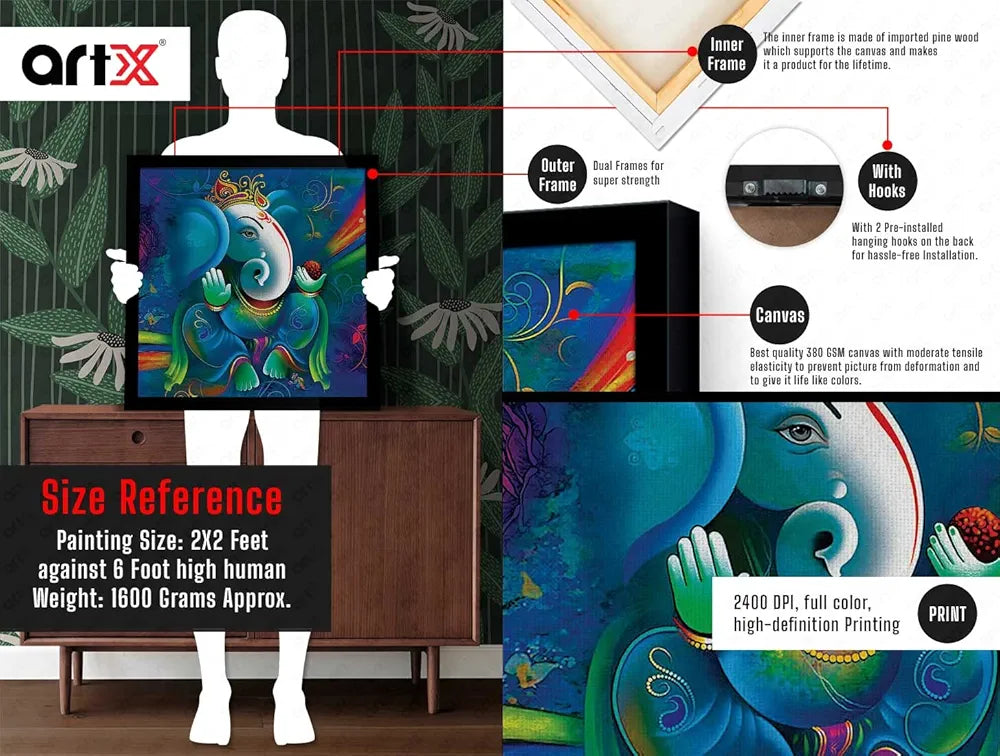 ArtX Ganesh Ji Big Canvas Painting With Frame, Multicolour, Square, 24.0 x 24.0 inch, 2x2 Feet, Set Of 1