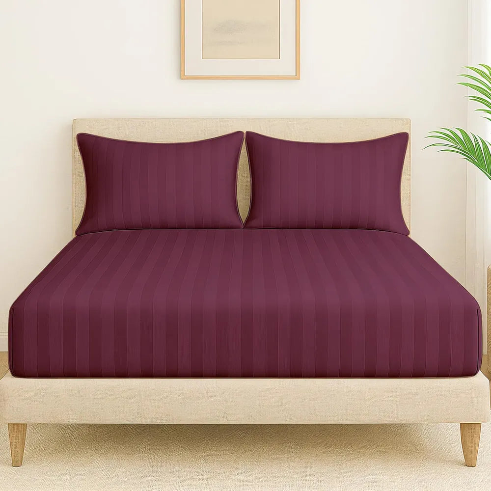 Cloth Fusion Elastic Fitted Glace Cotton Satin Striped Bedsheet Queen Size with 2 Pillow Covers 