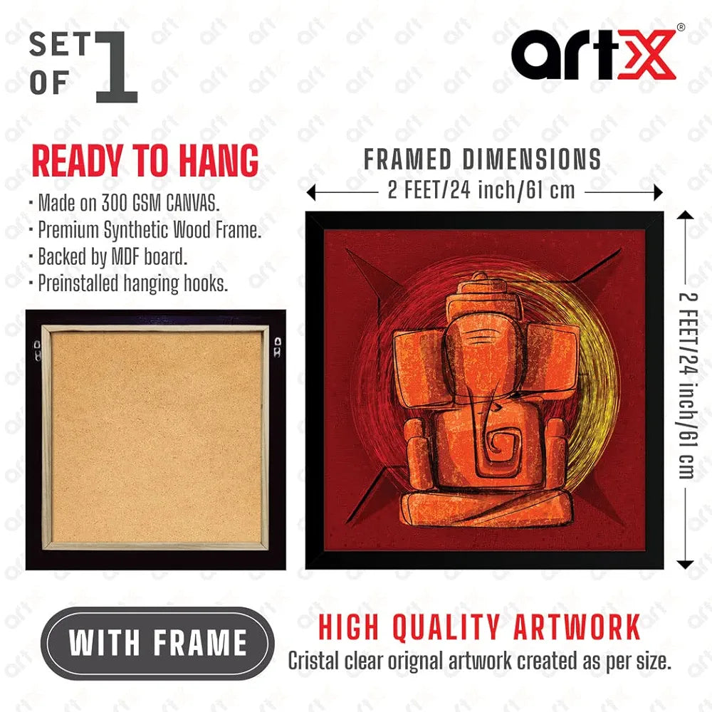 ArtX Swastik Ganesh Ji Big Canvas Painting For Living Room With Frame, Multicolour, Square, 24.0 x 24.0 inch, 2x2 Feet, Set Of 1