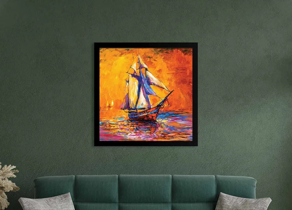 ArtX Colorfull Ship Oil Painting Big Canvas Painting For Bedroom With Frame, Multicolour, Square, 24.0 x 24.0 inch, 2x2 Feet, Set Of 1