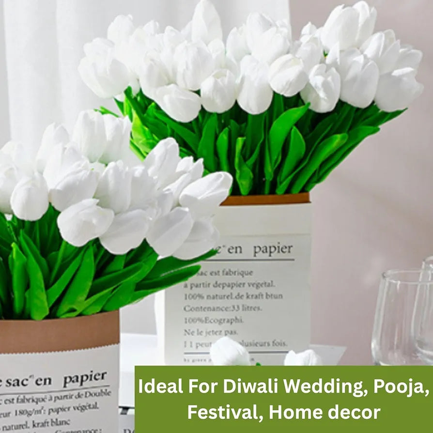 VERVENIX 5 Pcs Artificial Tulip Lily Flowers for Vase | White Fabric Faux Tulips for Home Décor, Living Room, Bedroom, Party & Wedding Decoration 