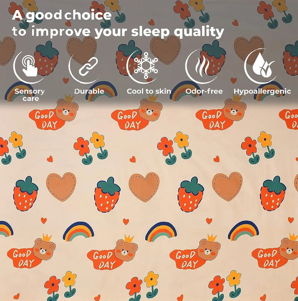 FRESH FROM LOOM Wrinkle Free Glace Cotton Elastic Printed Fitted Bedsheet For Kids For Single Bed With 1 Pillow Cover|Good Day),Small Single,Beige, 300 TC