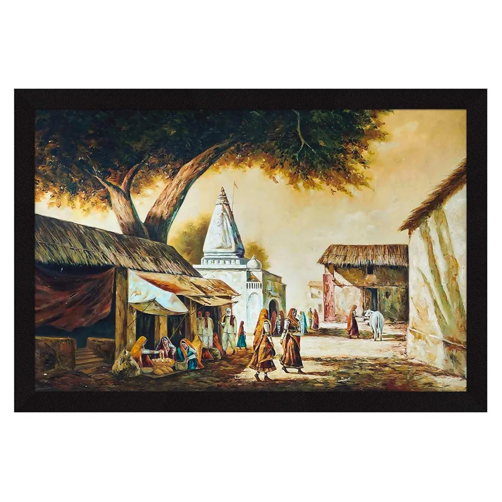 ArtX Paper Rajasthani Village Scene Framed Wall Art Painting, Wall decor for living room, Multicolor, Nature, 18 x 12 inches, Set of 1