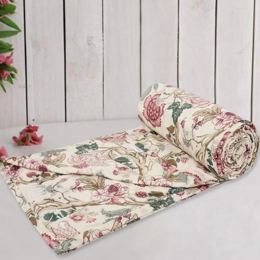 Trance Home Linen 100% Cotton Reversible Dohar Double Bed Size | Jaipuri Printed Artisan Block Design Blanket | Soft Lightweight Ac Comforter Quilt 