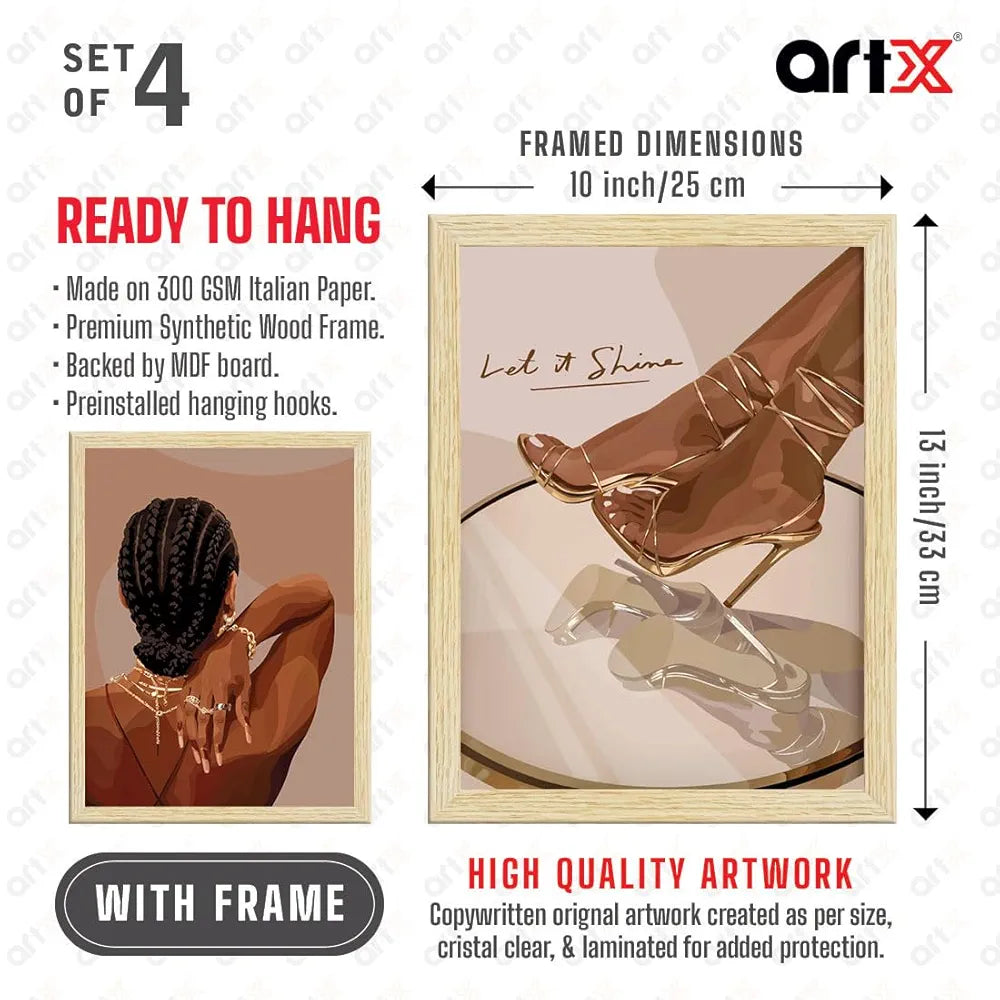 ArtX Paper Women Fashion Art Paintings with Frames for Wall Decor, Painting For Wall Decoration, Multicolor, Wall Decoration Items For Boutique, Set of 4