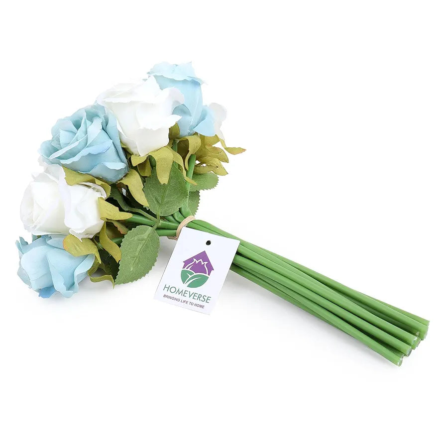 HOMEVERSE 6pcs Blue+6pcs White| Artificial Rose Fake Silk Plants Wedding Valentines Birthday Anniversary Christmas Mothers Day 
