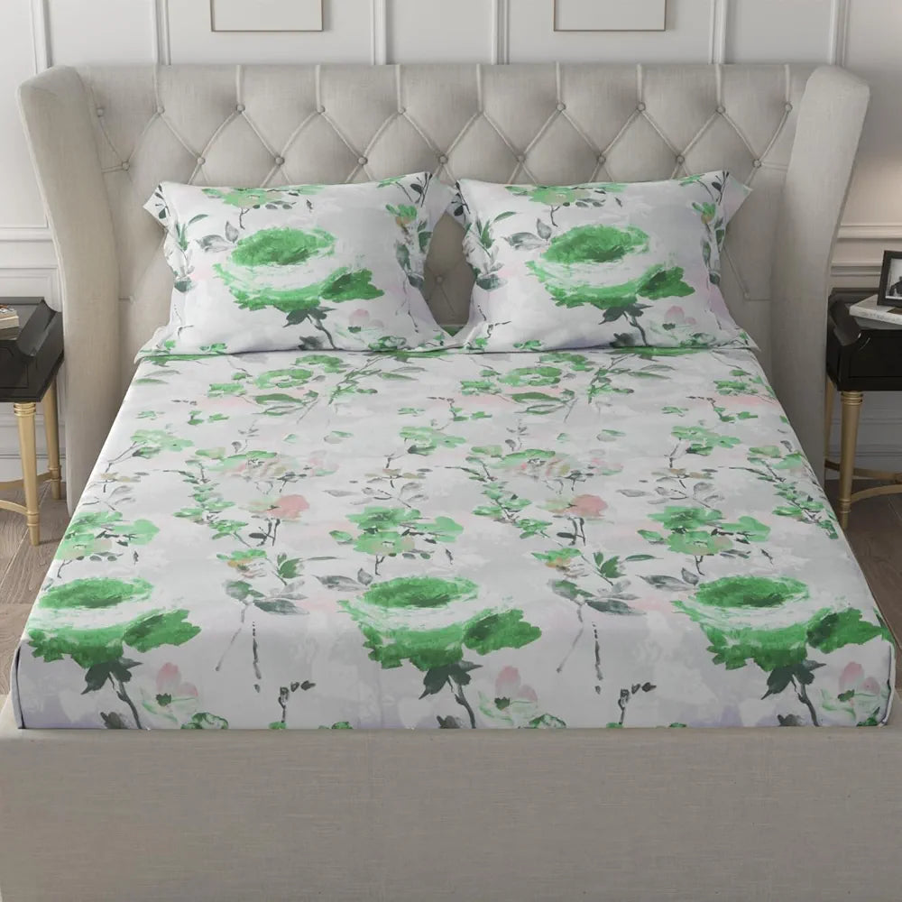 Cloth Fusion Glace Cotton Elastic Fitted Bedsheet for Double Bed King Size with 2 Pillow Covers, Soft Wrinkle Free Elastic Bedsheets for King Size Bed 