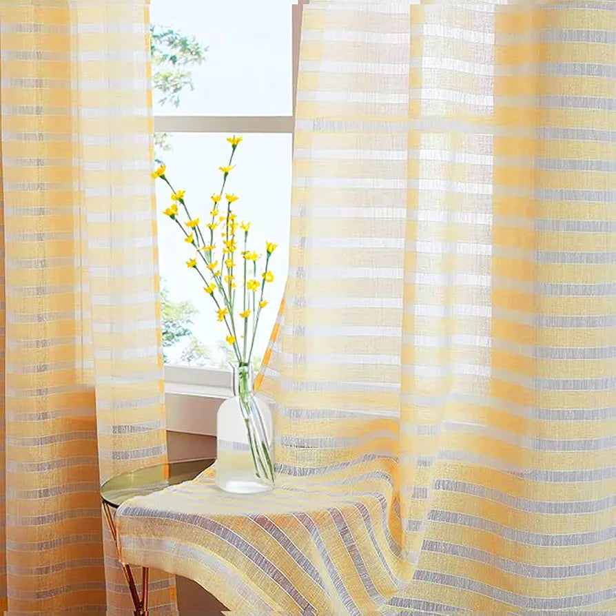 Urban Space Polyester Stripes Aari Collection Weaved Sheer Curtains for Window 5ft Long,35-40% Light Filtering Curtains with Eyelets & TieBack,Set of 2 Decorative Curtains for 