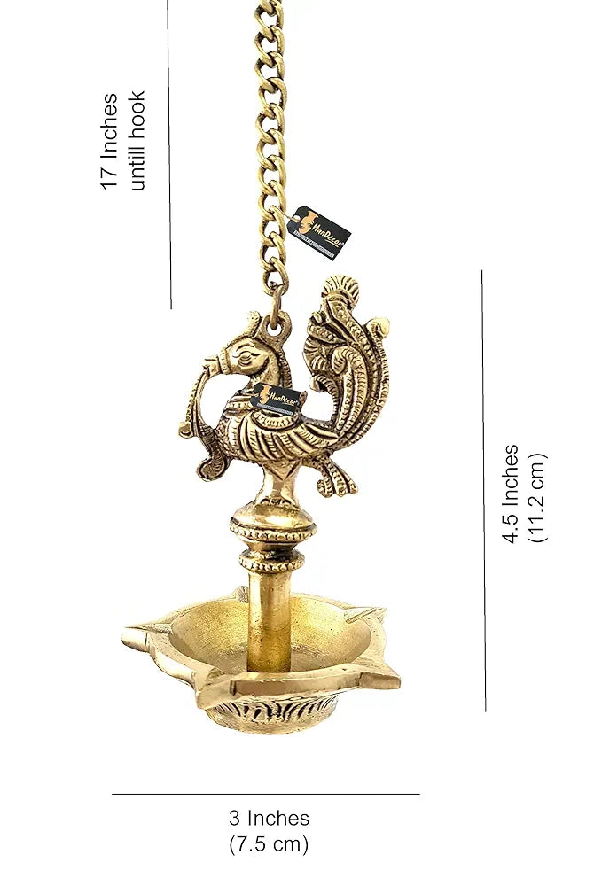 Two Moustaches Handmade Ethnic Peacock Design 5 Oil Wick Brass Hanging Diya, Brass Diyas for Decoration, Standard, Pack of 1