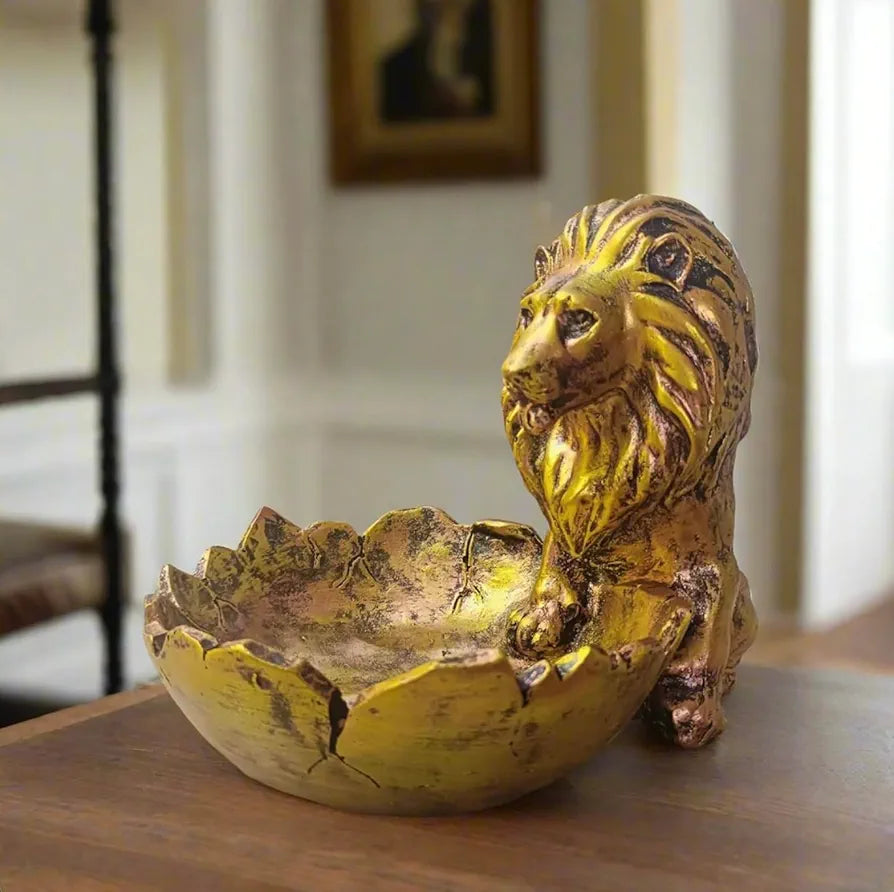 ALILA Lion Babbar Sher Bowl Tray Statue Showpiece Idol for Gifting & Home Table Living Room Decor Decoration, Golden 