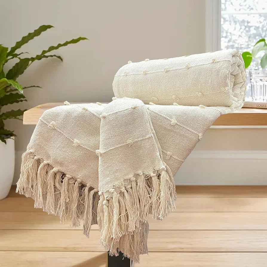 SAJAVAT HOME Hand-Knitted Pure Cotton Throw | 80x52 Inches/204x132 Cm | Decorative Large Throw for Sofa, Bed, Chair & Travel - Ideal for All Season | Beige with Tassels | Pack of 1