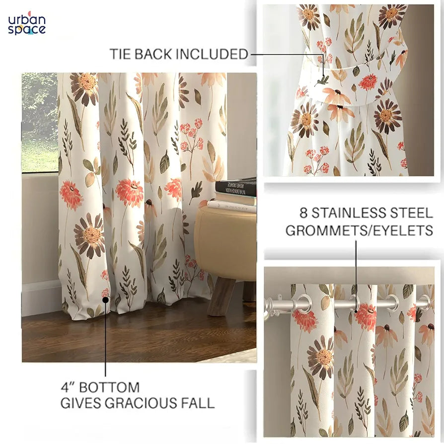Urban Space Blackout Curtains 5 Feet Set of 2 for Window, 80-85% Light Blocking Curtains for Living Room, Digital Printed Curtains with Eyelets, Tieback Included 