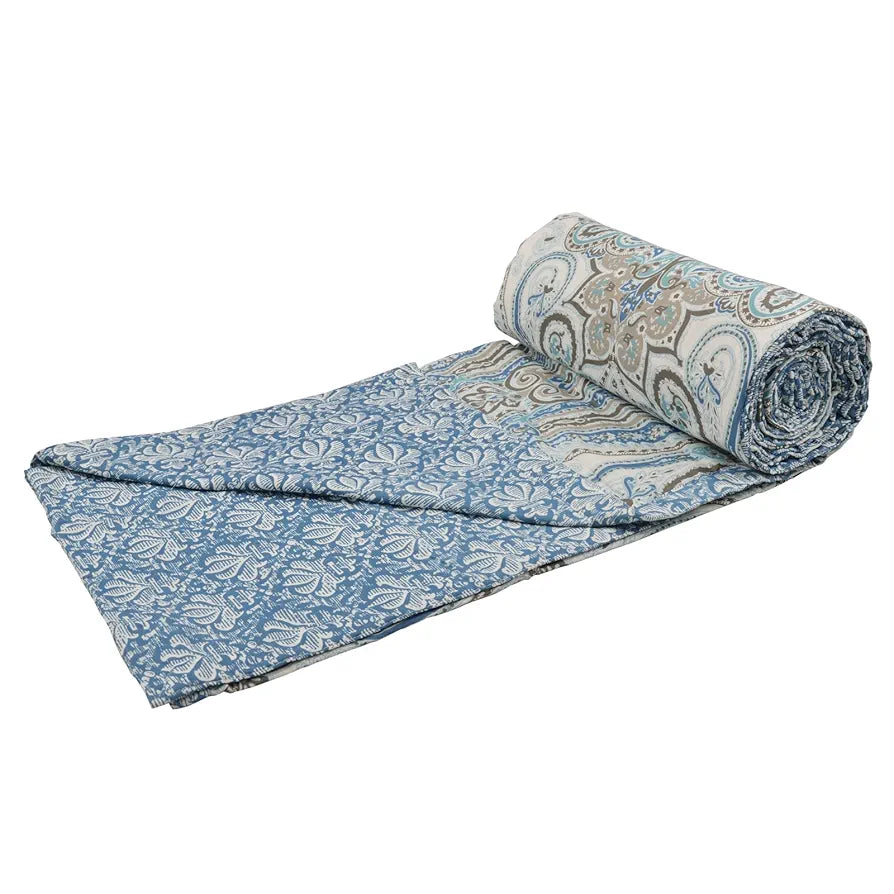 Trance Home Linen 100% Cotton Reversible Dohar Double Bed Size | Jaipuri Printed Artisan Block Design Blanket | Soft Lightweight Ac Comforter Quilt 