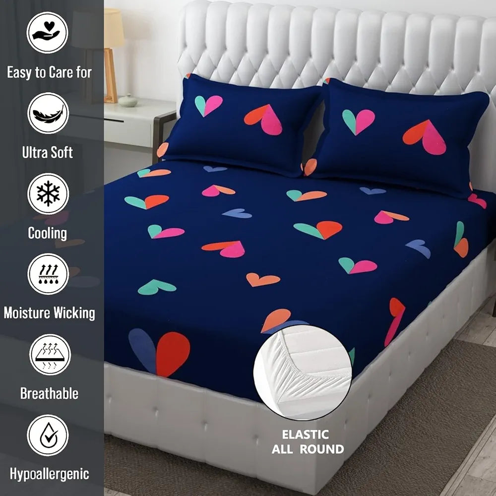 FRESH FROM LOOM Soft Glace Cotton Fitted Bedsheet King Size Bed With Two Pillow Cover | Elastic Fitted Solid Bed Sheets | Bed Covers For Mattresses Tuck In , 144 TC