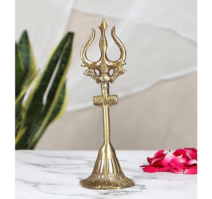 Two Moustaches 8 Inches Brass Shiva's Trishul with Damru, Antique Finish, Brass Mahadev Trishul with Damru Figurine, Shiva Trishul Statue, Solid Brass Heavy Weight 370 Grams, Standard, Pack of 1