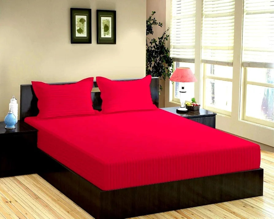 Trance Home Linen 100% Cotton 78x60 inch Queen Fitted 200TC Satin Stripe Elastic Fitted Bedsheet | Daily Use Double Bed Fitted Bedspread with 2 Pillow Covers 