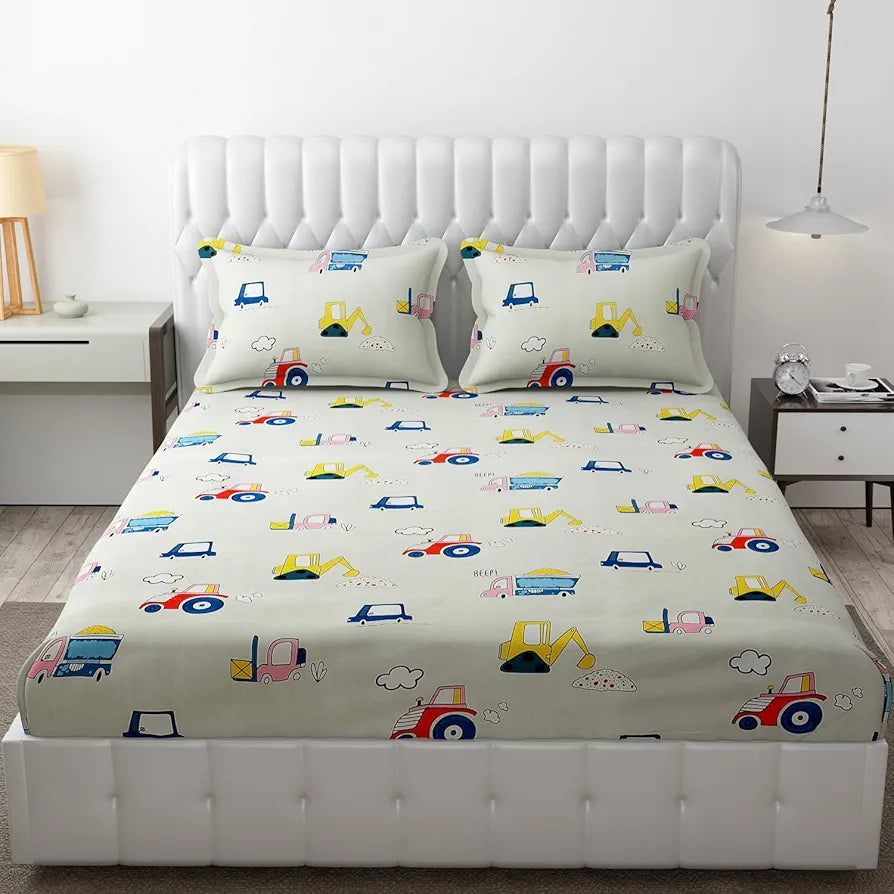 FRESH FROM LOOM Glace Cotton Wrinkle Free Soft Hypoallergenic Bed Sheet With 2 Pillow Cover | Cartoon Printed | Double Bed King Size Kids Bedsheet For Boys & Girls Room , 144 tc