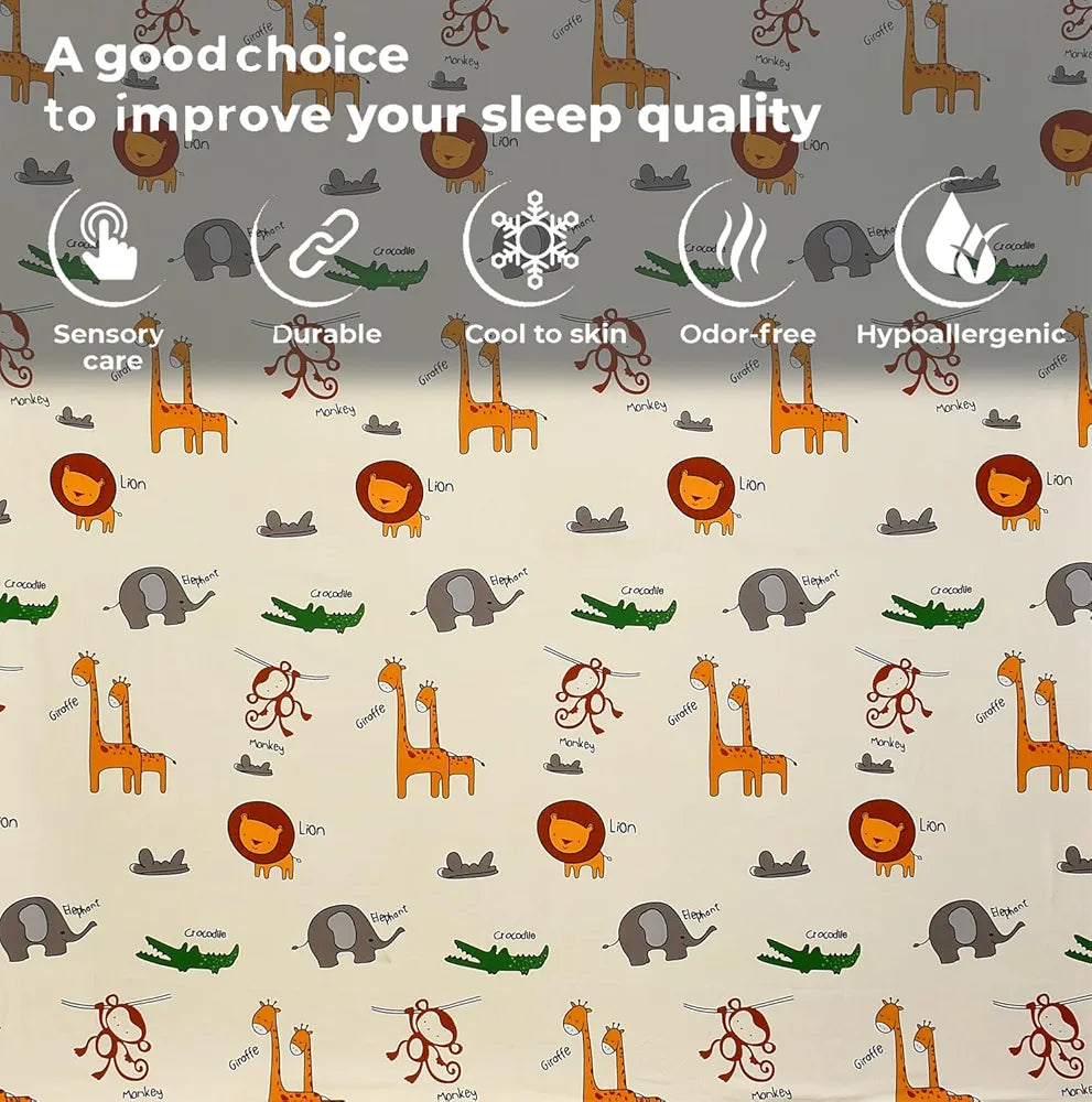 FRESH FROM LOOM Glace Cotton Wrinkle Free Elastic Fitted Bed Sheet with 2 Pillow,Cartoon Printed,Bedsheet for Kids Room ,Cream/Animal),Double Bed,300 TC