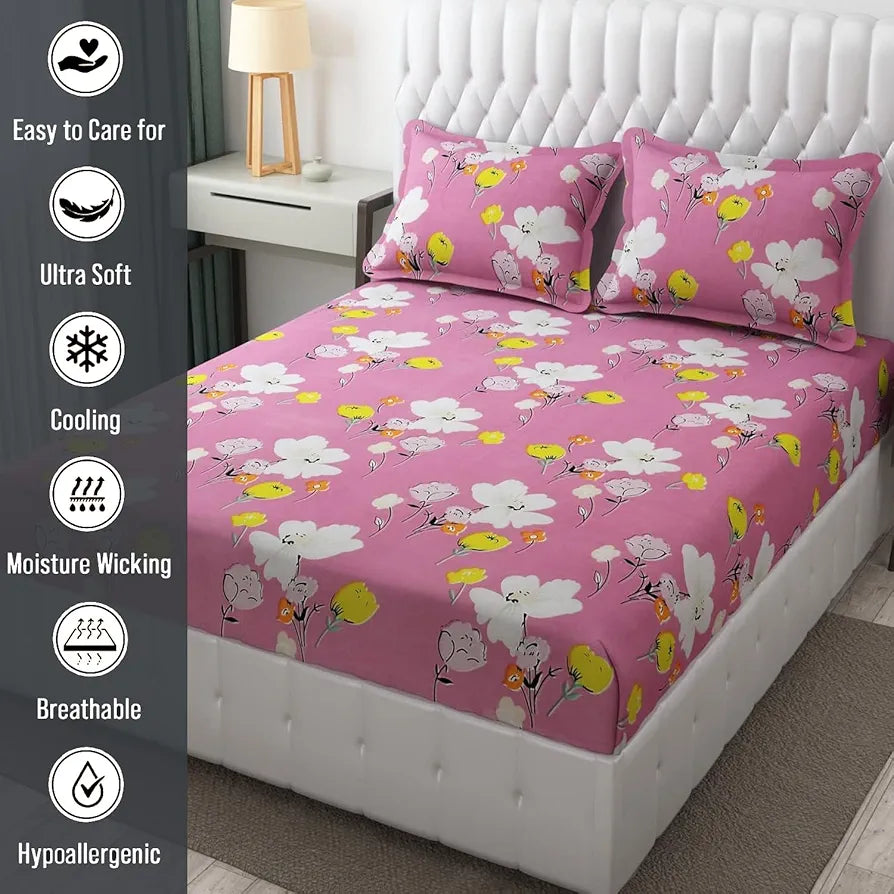 FRESH FROM LOOM Floral Design Bed Spread With Pillow Covers|Hypo-Allergenic Microfiber King Bedsheet For Double Bed|Wrinkle Free Bedsheets/Bedcover,144 TC