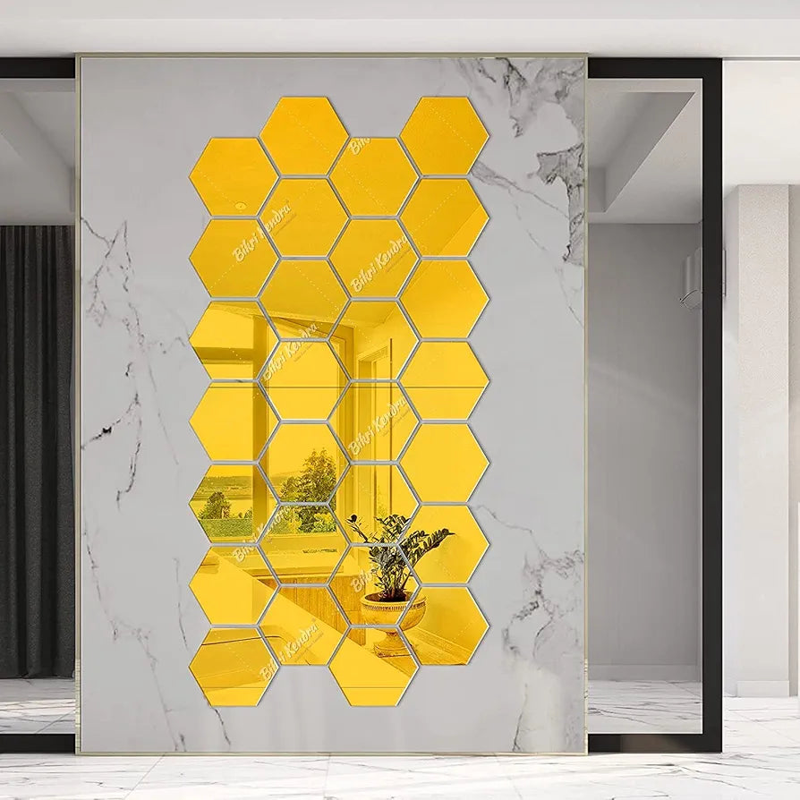 Bikri Kendra - Hexagon Stickers for Wall,Hexagon Wall Stickers,Acrylic Mirror Wall Decor Sticker, Hexagonal Mirror Wall Sticker,