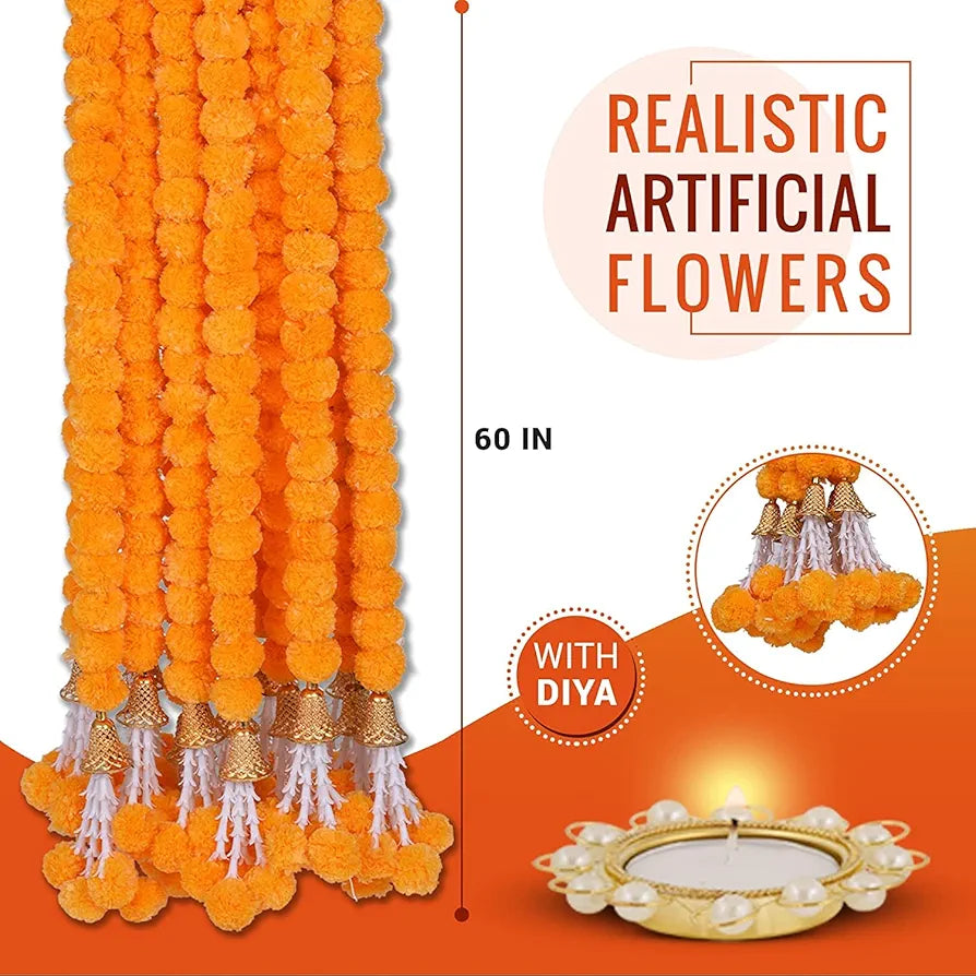 HOME BUY Artificial Orange Flowers For Decoration Garland With Bell For Diwali & Festivals Christmas, Navratri, Holi,Janmashtami | 5 Feet Long 5 Pcs With 1 Diya , 5 Centimeters