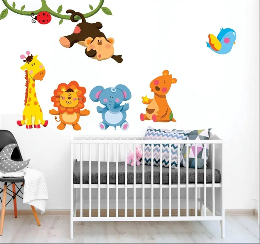 Vinyl Wall Sticker Animated Lion Giraffe Elephant Animals Sticker for Kids Bedroom Play School 