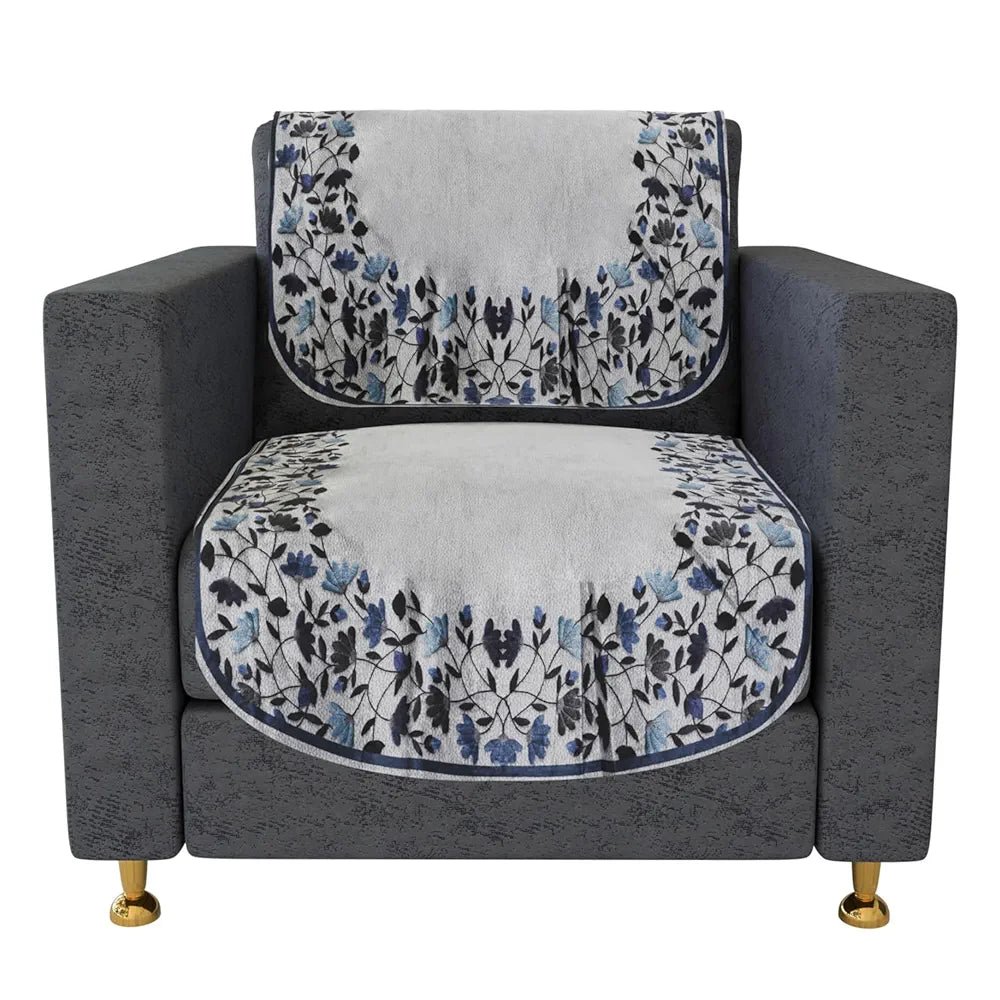 Kuber Industries Velvet 5 Seater Couch Cover - Blue Digital Leaf Sofa Slipcover for Living Room - Gray