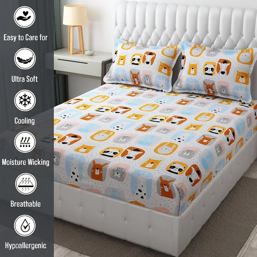 FRESH FROM LOOM Glace Cotton Wrinkle Free Soft Hypoallergenic Bed Sheet with 2 Pillow Cover,Cartoon Printed,Double Bed King Size Kids Bedsheet for Boys & Girls Room,144 TC