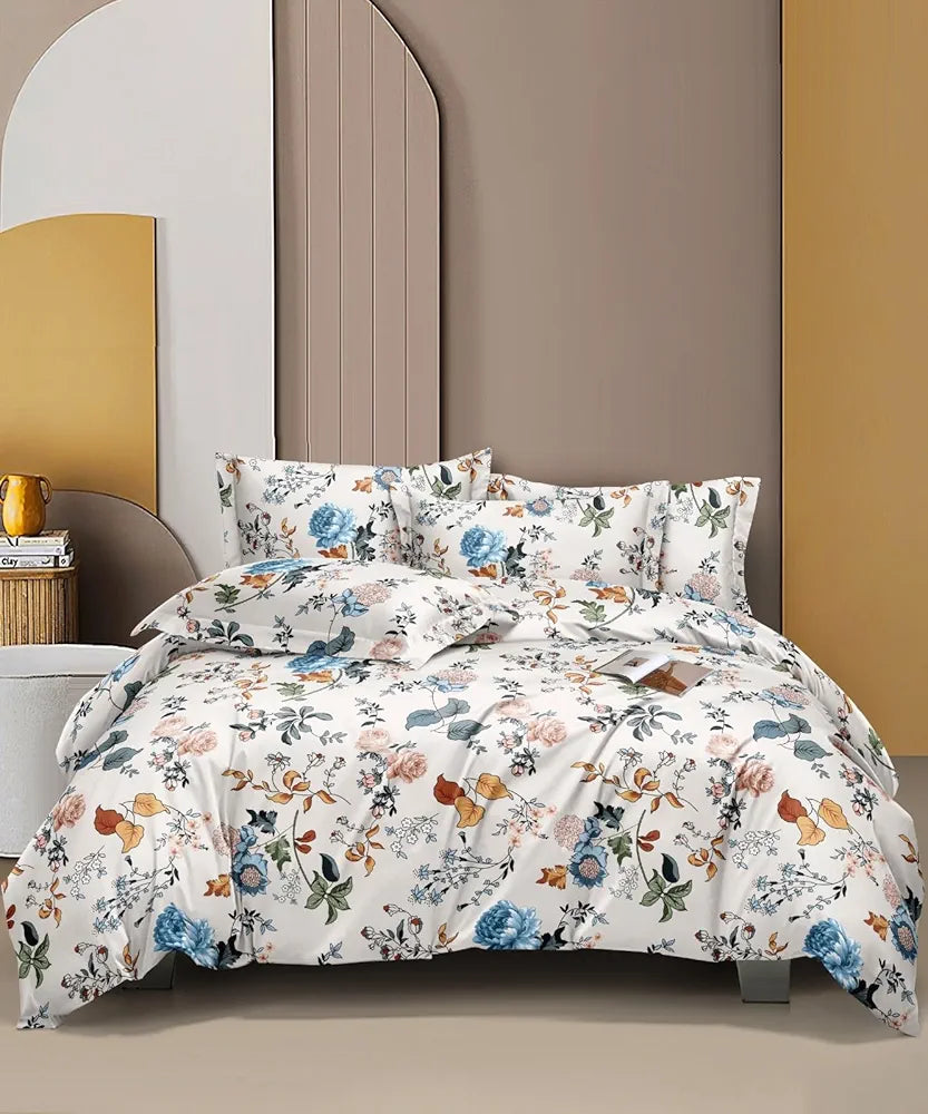THE HOME STYLE Cotton Feel Glace Cotton Elastic Fitted All Around Printed Queen Size Double Bed Bedsheet wih 2 Pillow Cover 