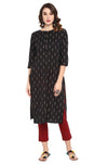 Janasya Women's Black Cotton Ikat Straight Kurta