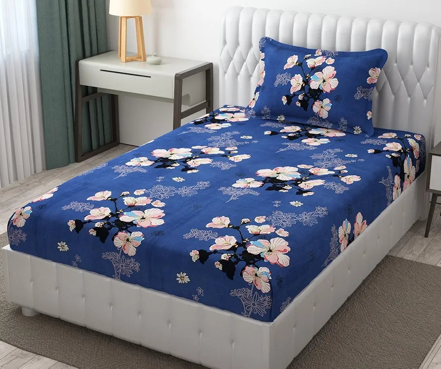 FRESH FROM LOOM Single Size Microfiber Bedsheet Set - Rotary Printed, Hypoallergenic, Wrinkle Free with 1 Pillow Covers , Blue, 144 TC