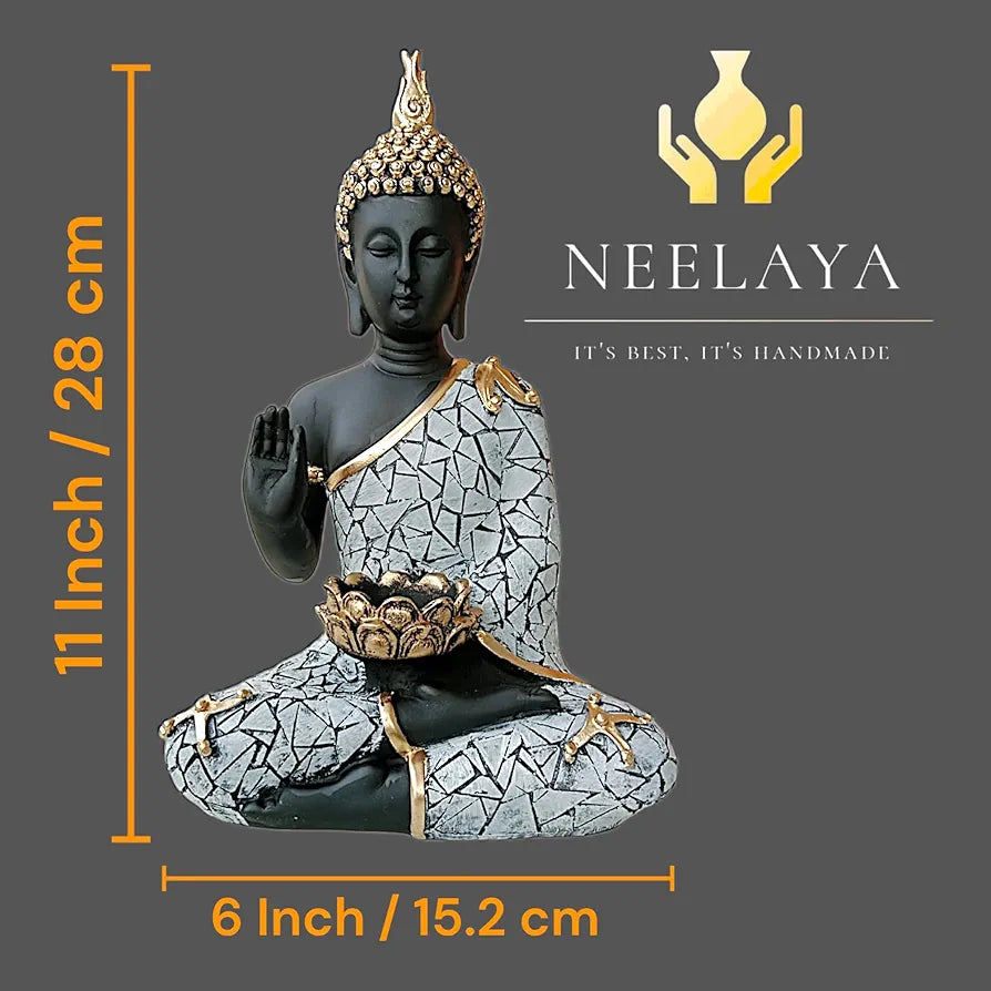 NEELAYA Meditating Buddha Statue with Tealight Holder Polyresin Showpiece for Home Decor Living Room Office Table Vastu Gift Housewarming 28 cm Black Grey