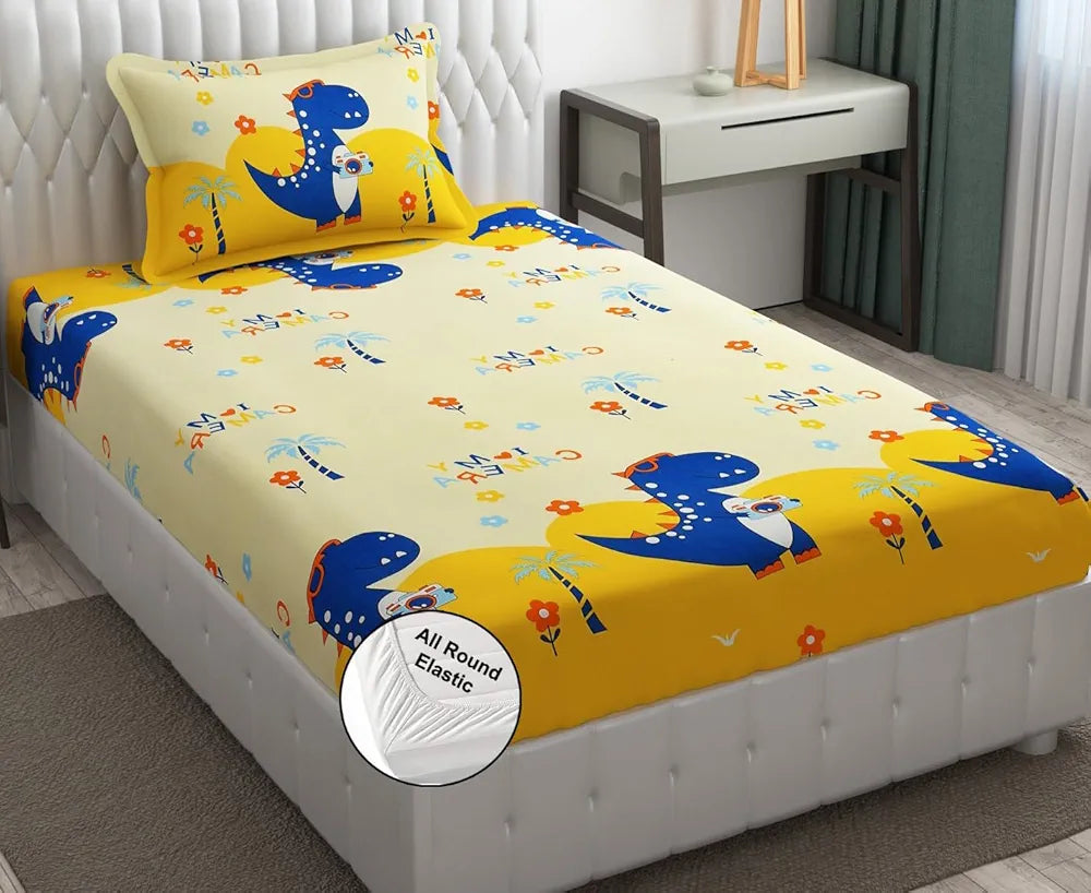 FRESH FROM LOOM Glace Cotton Wrinkle Free Soft Hypoallergenic Elastic Fitted Bed Sheet,Cartoon Printed,Bedsheet for Kids Room Boys Girls,Dinosaur),300 TC,Multicolor