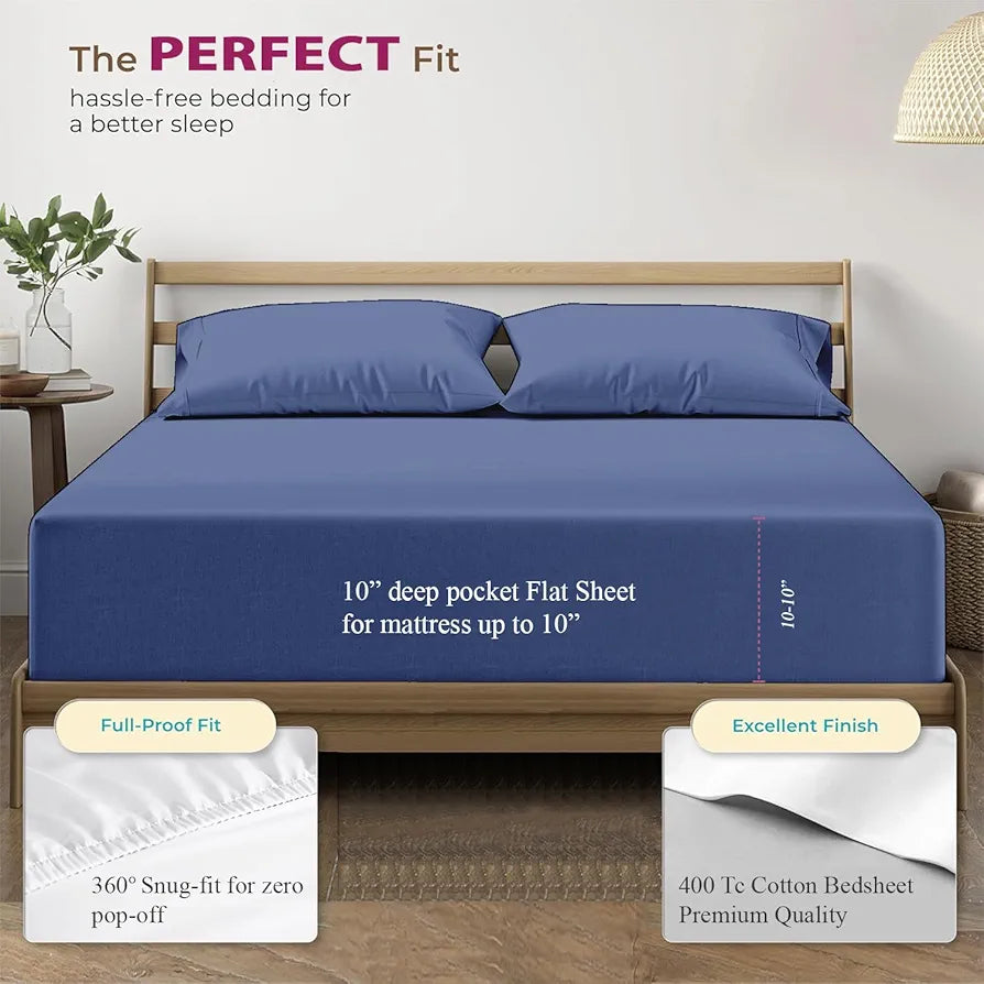 Trance Home Linen 100% Cotton 78x60 inch Queen Elastic Fitted Bedsheet | 400TC Premium Queen Double Bed Size Plain Fitted Elastic Bed sheet with 2 pillow covers 