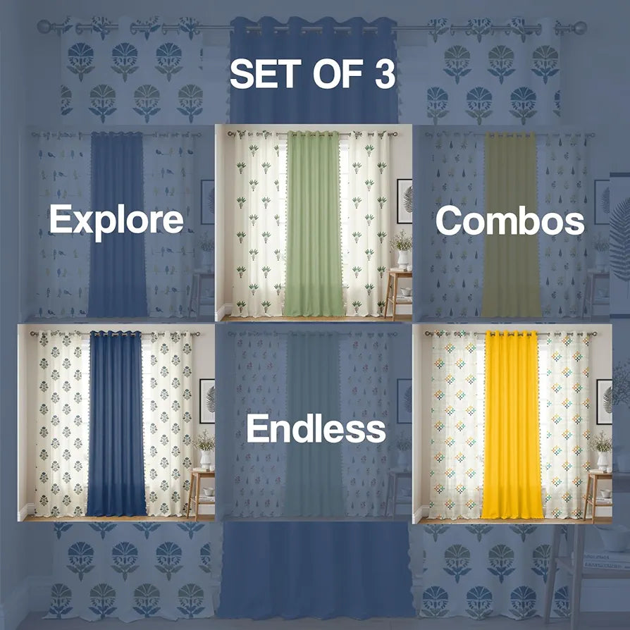 Urban Space 100% Cotton Curtains for Door, Combo Set of 3 Curtains 7 feet Long, 60-65% Room Darkening Curtain, Tieback & Eyelets Included with Curtains for Home Decor 